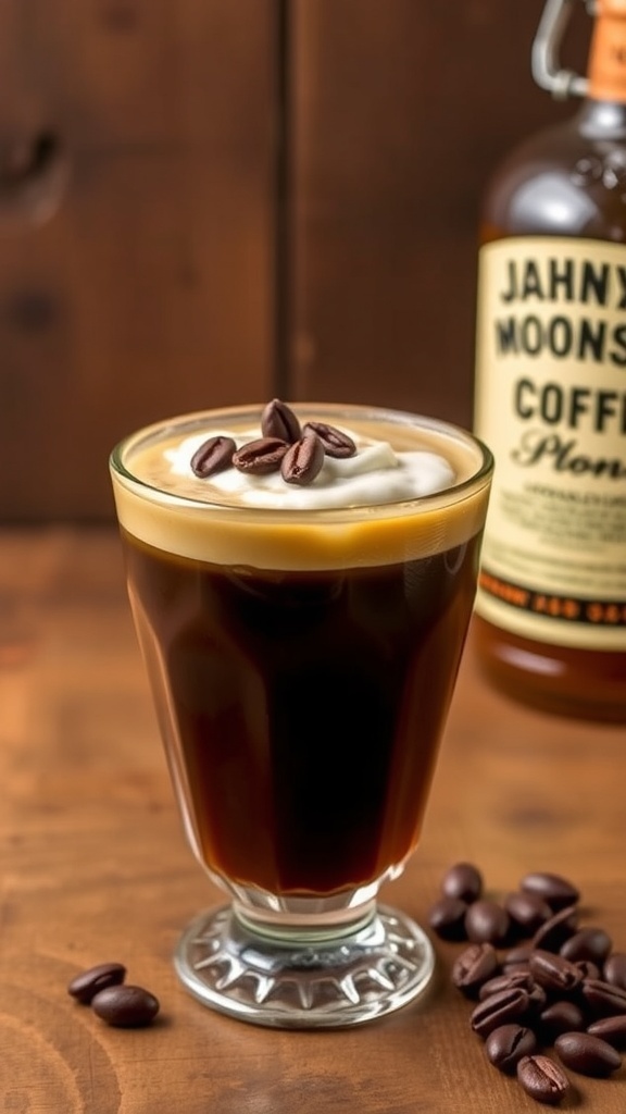 A coffee moonshine cocktail in a glass, garnished with coffee beans and whipped cream, on a wooden bar.